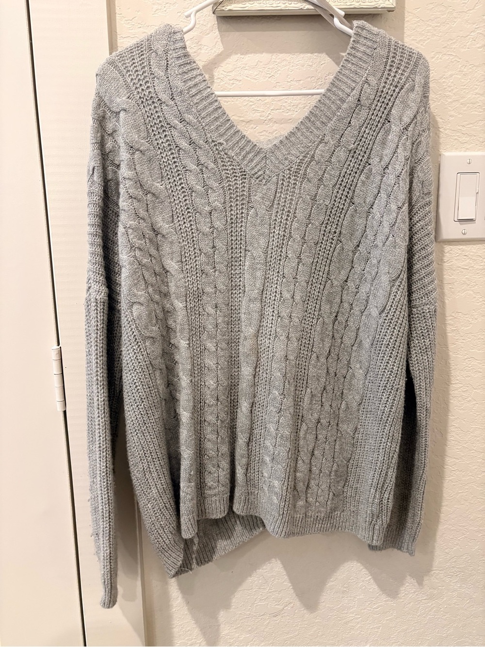 Urban outfitters Cozy Cable Knit V-Neck Sweater - Light Gray